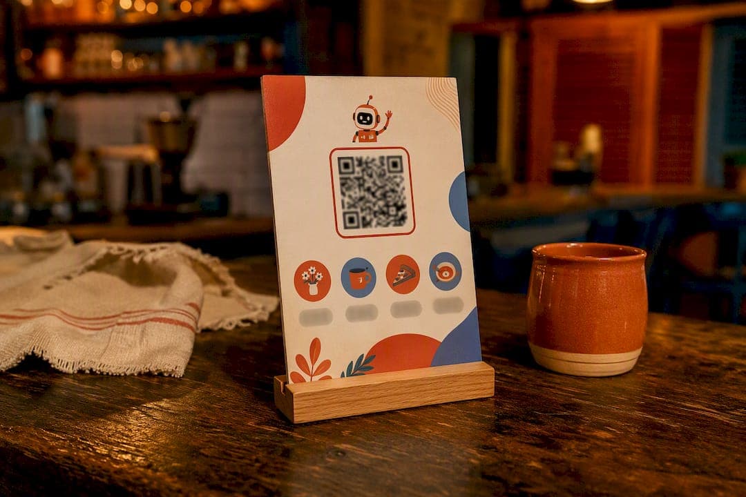 Close-up of effective QR tip signage on a bar counter