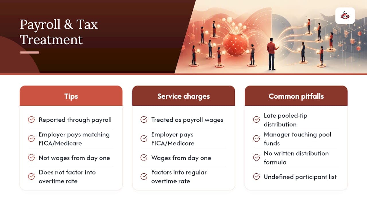 Diagram comparing tax treatment of tips, pooled tips, and service charges