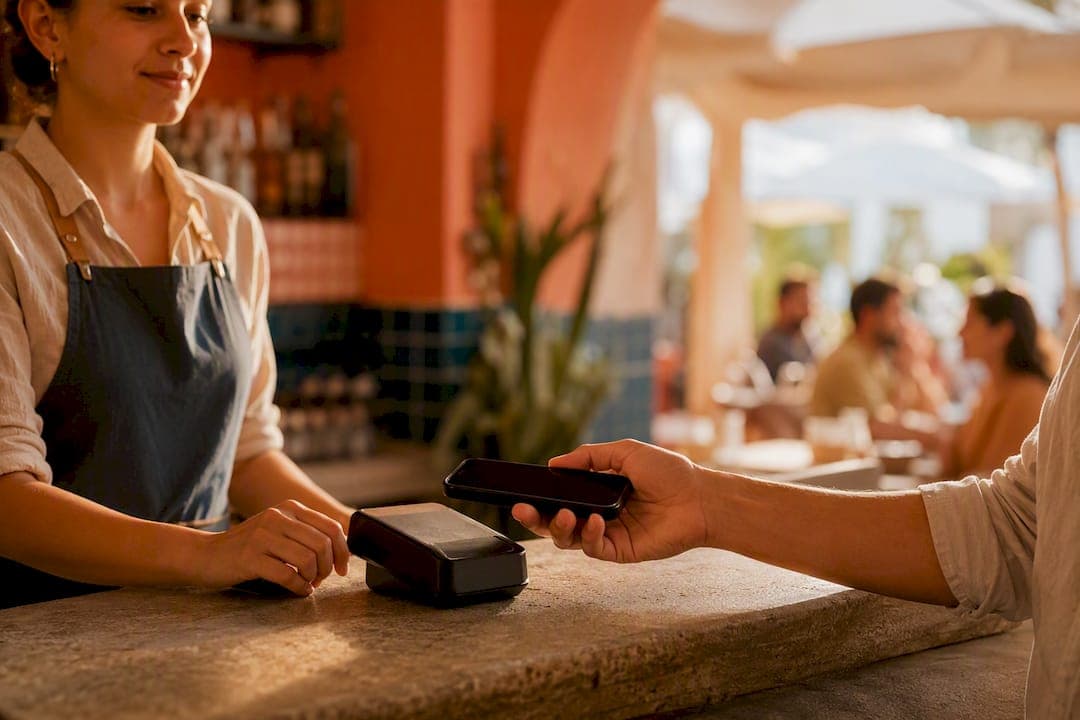 Contactless payment terminal at restaurant counter