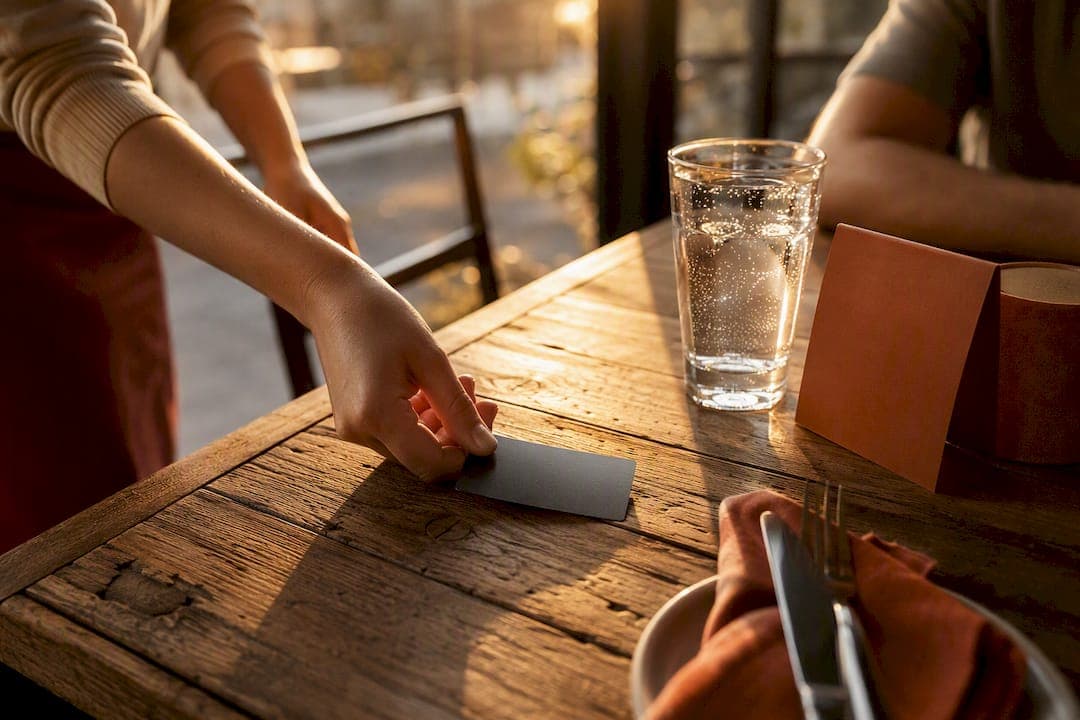 Hand placing loyalty card on restaurant table