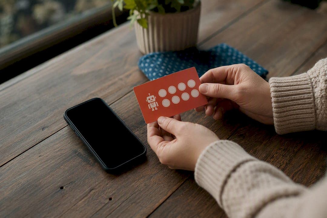 Hands holding loyalty card beside phone