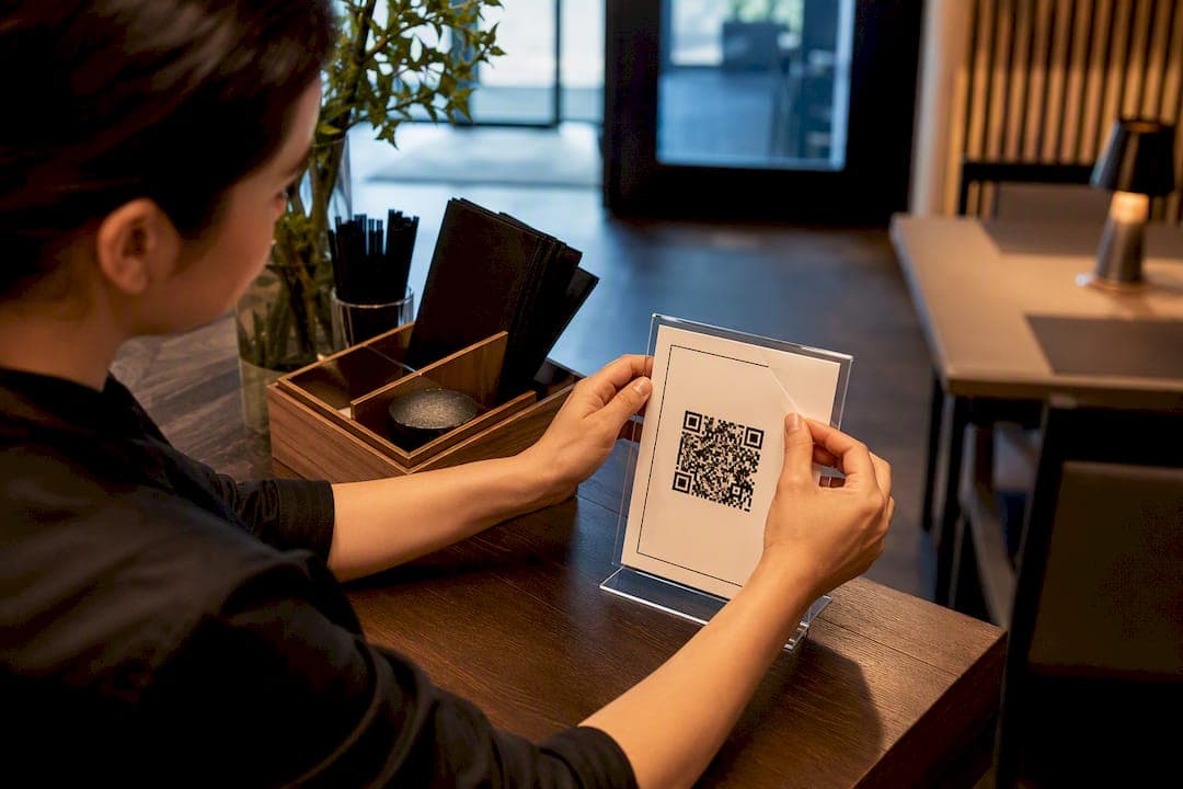 Manager inspecting laminated QR table tent