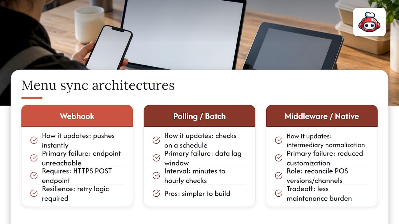 Three menu synchronization architectures and failure modes